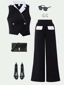 SHEIN WESTFADE Young 2 Pieces Set For Teen Girls Halter Neck Vest With Black & White Color Block Design, Sleeveless Top Paired With Wide Leg Casual Pants, Exhibiting A Fashionable Yet Comfortable, Unique Yet Elegant Style, Suitable For Fashion-Forward Wedding Guests, And Elegant