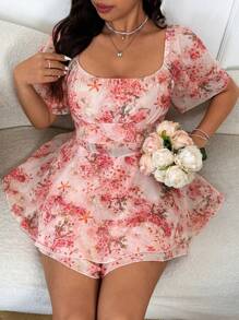 Flirla 大码波西米亚风花卉印花雪纺连体衣，优雅可爱浪漫度假海滩装，短袖，春夏 - 彩色 - 查看 5