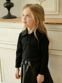 SHEIN Young Girl Ribbed Collar Long Sleeve Top And PU Leather Bowknot Skirt 2 Pieces Set, Fashion & Unique Outfit - Black - View 5