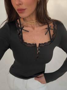 Aloruh Women's Solid Color Contrast Lace Bow Decor Long Sleeve T-Shirt