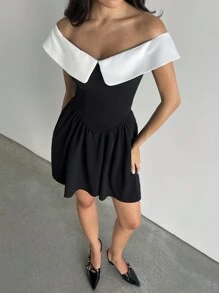 Aloruh Women's Sexy Elegant Black & White Patchwork Bow Front Contrast Color Off The Shoulder A-Line Bodycon Party Cocktail Dress - Black - View 6