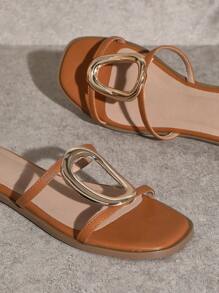 SHUZIA Top Seller Women's  Minimalist Big Metallic Buckle Square Toe Flat Pu Tan Slide Sandals-Luxury, Stylish & Comfortable Vacation Shoes Casual Shoes Beach Shoes Mother's Day Present - Brown - View 7