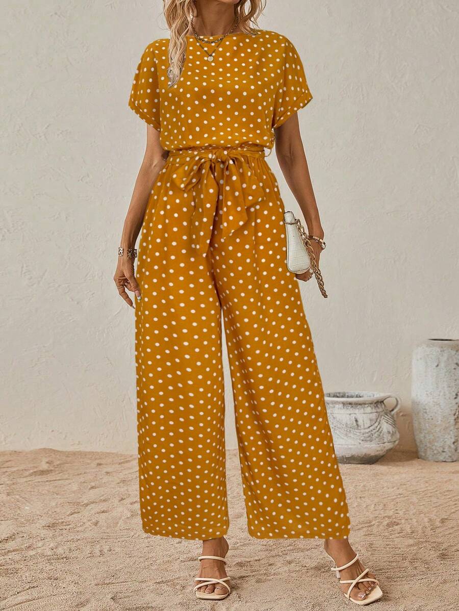 SHEIN Clasi 女士圆点印花圆领蝙蝠袖短袖阔腿连体裤 - 黃色 - 查看 1