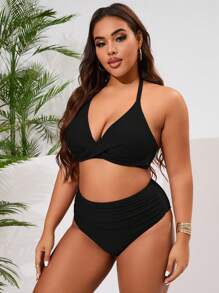 Swim Basics Costume da bagno a due pezzi da donna taglie forti, colore tinta unita, con collo a canottiera, set minimalista alla moda, ideale per la spiaggia e le vacanze estive