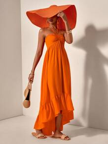 Zivah 2025 夏季新品音乐节复活节圣帕特里克节西部波西米亚风生日派对毕业典礼学生日常休闲度假巡航海滩露背细肩带 A 字裙，橙色