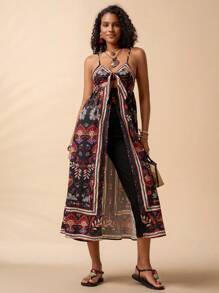 Travachic 女士度假休闲印花长款梭织吊带背心，春夏装，夏装，情人节，女士度假装，女士沙滩装，节日装，浪漫优雅服装，波西米亚风 - 黑色 - 查看 1