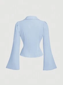 SHEIN MOD 女式 V 领荷叶边喇叭袖衬衫，收腰，蓝色长袖衬衫，女巫，纽扣衬衫，音乐会女装，嬉皮士，海盗上衣 - 藍色 - 查看 2