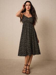 Poéselle Ditsy Floral Print Button Detail Cami Dress - Black - View 4