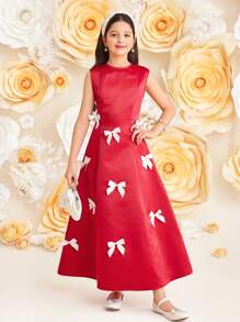 SHEIN Leap Crew Tween Girl 优雅圆领无袖蝴蝶结细节派对连衣裙