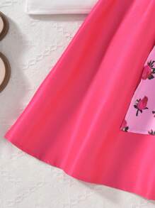 两件套少女休闲套装，玫瑰卡通甜美图案T恤+裹身裙 - 玫紅色 - 查看 6