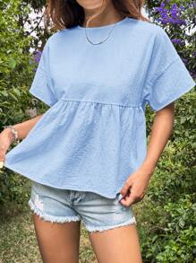 SHEIN EZwear Summer Casual Solid Color Short Sleeve Shirt - Blue - View 3