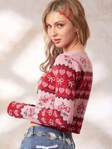 Easelle 女士蝴蝶结心形玫瑰印花前系带腰带修身长袖开衫，适合秋冬季、情人节 - 彩色 - 查看 3