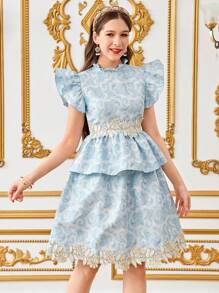 SHEIN 少女立领荷叶边袖花卉刺绣衬衫和百褶裙 2 件套 - 藍色 - 查看 4