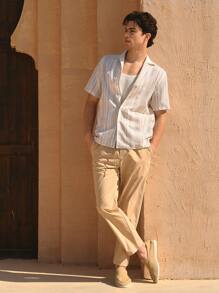 Manfinity VCAY 2pcs Men's Woven Striped Collared Casual Shirt Set, Suitable For Daily Wear In Summer - Khaki - View 4