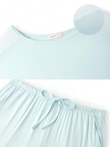 LUVLETTE Bộ đồ ngủ tay ngắn lưới thoáng khí mềm mại Plus & quần dài thoáng khí Bộ đồ ngủ thể thao thoải mái thường ngày Quần áo thể thao có túi Đồ lót làm đồ mặc ngoài Bộ đồ ngủ cho nữ - Màu xanh nhạt - Xem 4