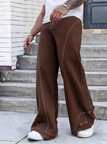 Manfinity Homme Men's Casual Vintage Design Topstitched Denim Jeans - Brown - View 1