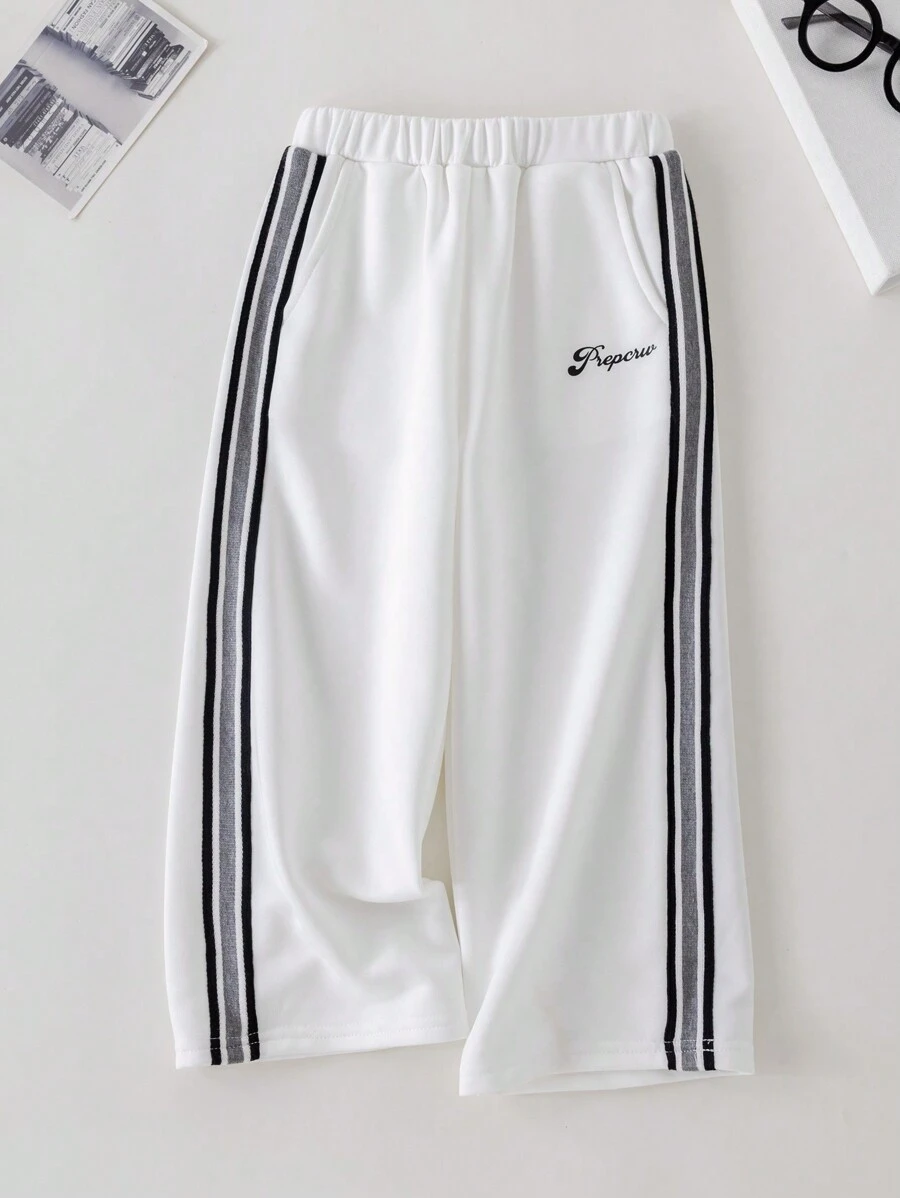 PrepCrw Young Girls Loose Elastic Waist Letter Embroidered Decor Wide Leg Pants, Spring/Summer - White - View 1