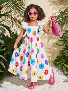 SHEIN Vestido ceñido de tirantes con estampado floral diminuto para niña joven