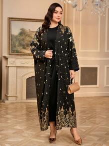 Al Najma Plus Size Women Arabic Foil Floral Print Long Sleeve Abaya Dress & Gown Set - Purple - View 5
