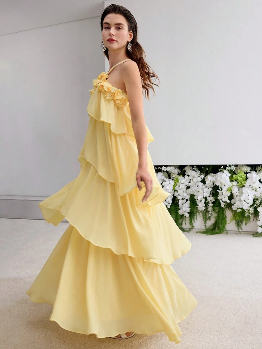 MOTF PREMIUM 立体花卉荷叶边连衣裙 - 黃色 - 查看 1