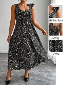 SHEIN Clasi Váy yếm nơ hoa phong cách Pháp cổ điển cỡ lớn, Xuân/Hè - màu đen - Xem 5