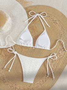 SHEIN Swim 游泳夏季海滩度假服装女士提花比基尼套装 - 白色 - 查看 2