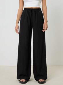 SHEIN Tall 休闲百搭简约纯色阔腿裤 - 黑色 - 查看 6