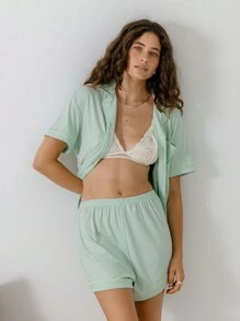 Aralina Soft Jersey Button Front Shirt And Matching Shorts Lounge Set With Scrunchie - Mint Green - View 7