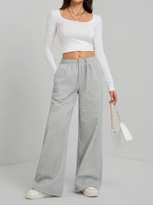 SHEIN Tall New Autumn/Winter Velvet Thick Warm Casual Versatile Low Rise Elastic Waist Loose Wide Leg Baggy Sweatpants Graduation,Back To School Outfits,Graduation,Teacher Outfits For Women,Back To School - Grey - View 3