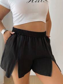 Flirla Pantalones cortos de talla grande de unicolor con bolsillos en diagonal, cintura elástica y cierre delantero de cremallera - Negro - Ver 8