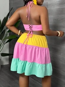 Slaydiva 大码女式 V 领细肩带拼色宽松腰 A 字形连衣裙 - C、甜美、度假、浪漫、性感 - 彩色 - 查看 3