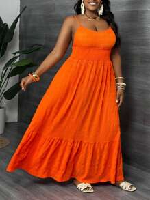 Slaydiva Plus Size V-Neck Orange Camisole Cinched Waist Flared Maxi Dress, Vacation Style,Beach Dress Sundress,Holiday Outfits Boho