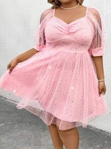 SHEIN CURVE+ Plus Size Sweetheart Neck Cinched Waist A-Line Mesh Dress, Suitable For Valentine's Day - Pink - View 3