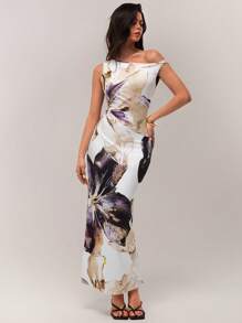 Forever 21 Spring Vacation Beach Big Floral Print Asymmetric Neck Elegant Dress For Women