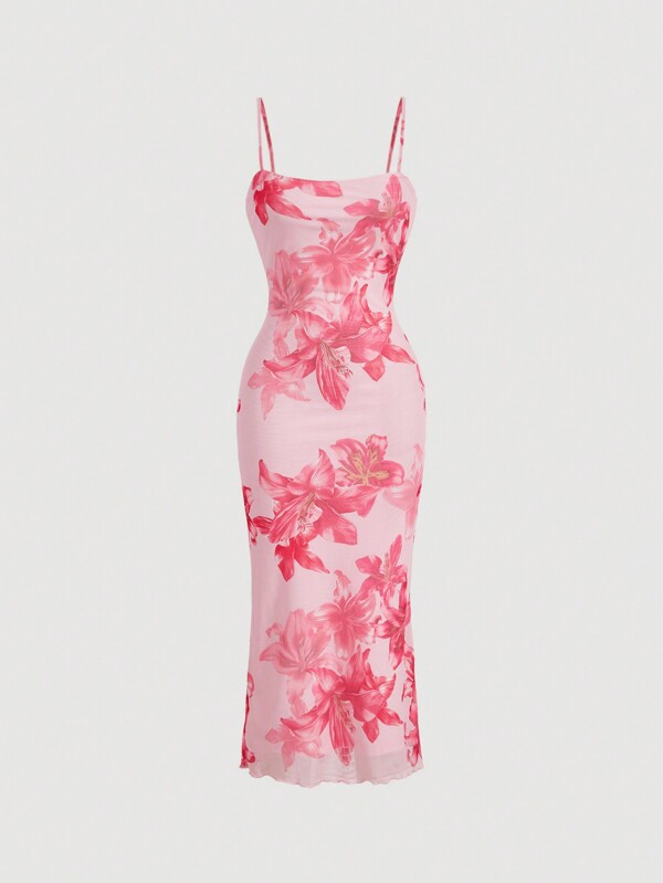 SHEIN MOD Dark Pink Floral Print Mesh Slip Dress,Cruise Women Outfits,New Year Dress,Elegant Dress,Prom Dress,Dark Pink Women Dresses,Date Night Dress
