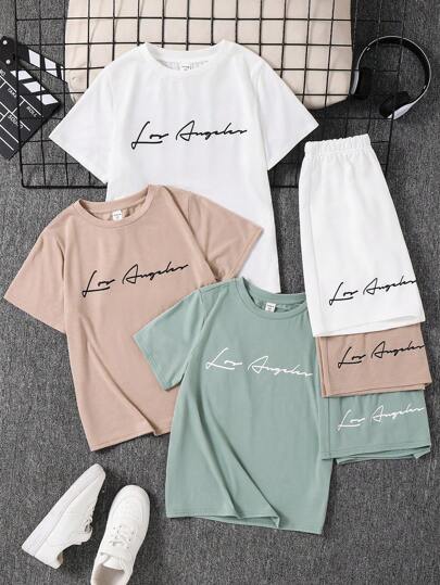 SHEIN Leap Crew 6pcs/Set Boys Kids Casual Sports Versatile Numeric Graphic Round Neck Loose Pullover Short Sleeve T-Shirt And Shorts 2 Pieces Set, 3 Styles 1 Each, Suitable For School, Garden, Beach, Birthday, Spring, Summer, Autumn, Winter