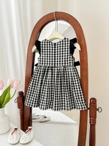 SHEIN LMoss Kids 女婴夏季可爱黑白格子蝴蝶结装饰连衣裙