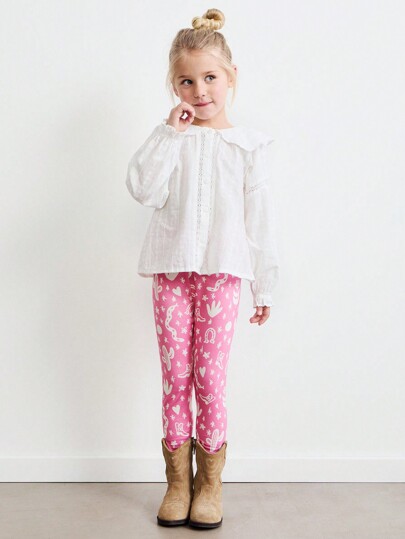 SHEIN Young Girls Floral Print Pink Elastic Waistband Stretchy Knit Leggings, Cute Style