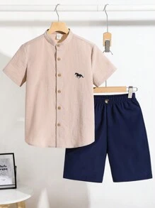 SHEIN Tween Boy Stand Collar Single-Breasted Shirt And Shorts Set Suitable For Summer - Apricot - View 2