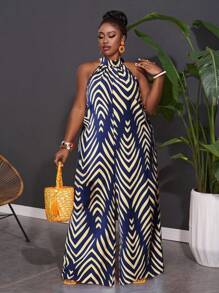 Slaydiva Combinaison à jambes larges avec motif rayures et diamants, sans manches, grande taille, adaptée aux vacances et à l'usage quotidien