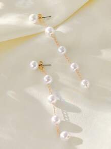 1对优雅珍珠链坠耳环，女士款，仿珍珠线性耳环，珍珠流苏吊坠耳环，两种佩戴方式，珍珠耳钉，前后皆可佩戴，珍珠耳夹，新娘婚礼珍珠耳环，圣诞节冬季圣诞礼物 - 珍珠白 - 查看 3