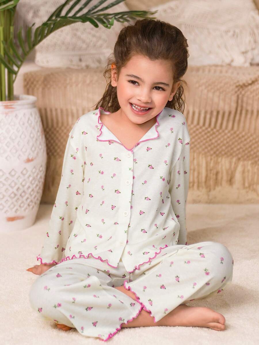 SHEIN Leap Crew 2pcs Young Girl Ditsy Floral V-Neck Button Front Ruffle Trim Long Sleeve Pajama Set - White - View 1