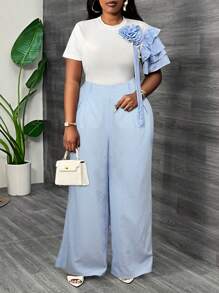 Slaydiva 大码女式白色优雅圆领条纹编织荷叶边袖条纹 3D 花卉装饰修身 T 恤，适合夏季