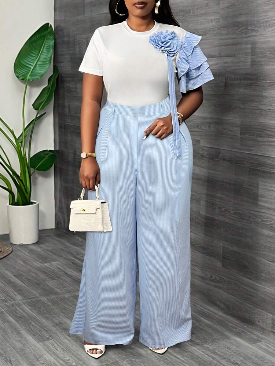 Slaydiva 大码女式白色优雅圆领条纹编织荷叶边袖条纹 3D 花卉装饰修身 T 恤，适合夏季