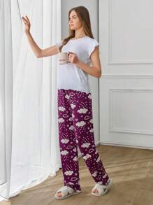 RueChic 女士 2 件高品质柔软触感生菜边短袖衬衫和撞色云彩和星星图案睡衣套装 - 白色 - 查看 4