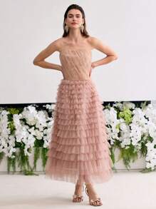 MOTF PREMIUM MESH LAYERED HEM TUBE DRESS - Pink - View 3