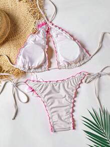 Nuevo conjunto de bikini de señora con volantes de unicolor, decoración de flor 3D y cruce de lazos, para vacaciones de verano en la playa
