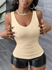 Slaydiva Plus Size Women Basic Racerback Tank Top With Deep V-Neck And Narrow Ribbed Knit, Beige, Suitable For Summer - Apricot - View 7