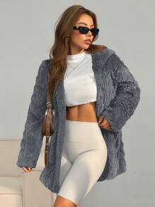 SHEIN EZwear Abrigo con capucha de manga larga de invierno suelto y casual con parches, bolsillo y efecto pelusilla blanco