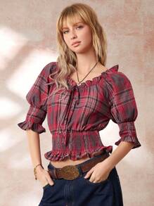 Easelle Women's Casual Retro Red Plaid Puff Sleeve Shirred Frill Trim Slim Fit Blouse - Red - View 5